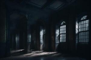 A haunted old building from the inside, a terrifying view with darkness and dim lights with windows, photo