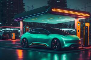 An electronic car parked at an electric station charging, neon's illustration, in a clean environment around buildings and skyscrapers, eco concept, photo