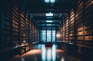 The interior space of a large library with many shelves under blue lights. business, book store, and education used, photo