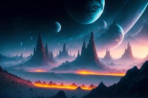 un montón de planetas encima el montañas en un fantasía estético escena, el planetas en profundo espacio, con un montón de divertido colores, ai generado paisaje foto