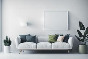 Mockup of an interior wall with an empty white wall, a grey sofa, beige pillows, and a green plant in a vase. Right side has a blank space. Illustration, 3D rendering, and photo