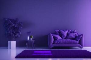 Modern living room design, Purple armchair on purple wall and white floor, 3d render, photo