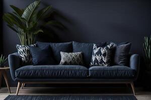 Patterned pillows on a sofa next to a wooden table and a plant in a glowy apartment interior, photo