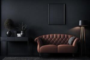 moderno interior diseño para el hogar, lugar de trabajo, interior, tapizado mueble en contra un oscuro clásico muro, ai generado foto