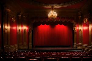 rojo etapa cerrado cortina con destacar, teatro con rojo sillas, vacío teatro oro interior diseño, ai generado foto