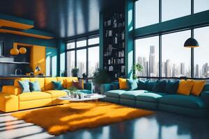 Interiors that are modern and bright. Illustration using 3D rendering and photo