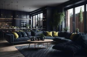 grande vivo habitación en un Moda estilo, mesa redondeado por un grande azul sofá, planeta en el casa, interior mueble diseño , ai generado foto