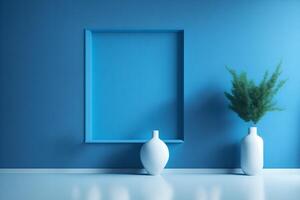 vacío interior fondo, azul muro, un ventana, y un florero prestados en 3d utilizando ai generado foto