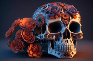 human skull among flowers, Mexican day of the dead illustration, photo