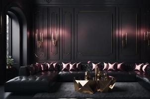 large living room in a dark style, black sofa, rose pink pillows, and gold table on a black wall, and rose light, AI Generated photo