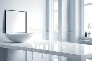 moderno baño interior diseño, blanco mármol mesa y espejo con cuenca, ai generado foto