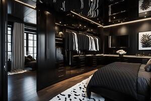 Elegant bedroom with walk in wardrobe hidden behind a sleek black and mirrored wall, photo