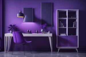 Violeta habitación muy silla peri, gabinete y lampara.moderna diseño interior.3d representación, ai generado foto
