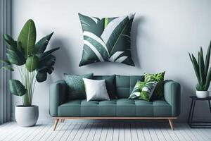 sencillo urbano selva estilo interior con verde sillón, verde tartán, tropical modelo almohada y planta en blanco pared antecedentes. 3d representación., ai generado foto