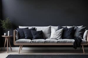 wooden sofa with dark pillows in scandi style living room, photo