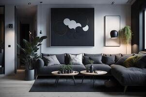 modern living room interior design with elegant gray sofa, pillows, floor, plants, wooden table, lamp, and great design tableau, photo