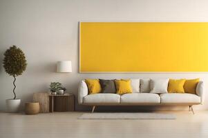 modern living room with white sofa, yellow wall and mockup and table background, photo