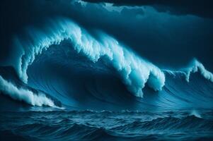 a large storm in the ocean, a deep blue scene of a big wave in the sea, photo