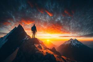 hiker on the top of a mountain with a beautiful view of the sunset around mountains and sunrise, and clouds, freedom concept, photo