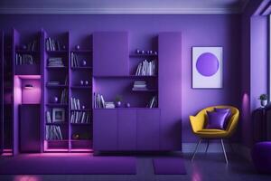 violet room very peri.chair,cabinet and lamp.modern design interior.3d rendering, photo