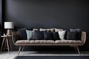wooden sofa with dark pillows in scandi style living room, photo