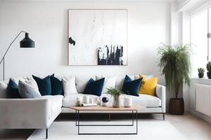 In the interior of a living room with chairs seated at a table beneath a metal light, there is a painting on a white wall above the sofa with cushions, AI Generated photo