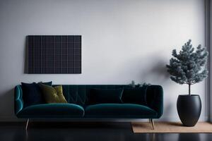 Interior wall mock up on a blank white backdrop with a velvet sofa, cushions, plaid, and a pine branch in a vase. , 3D rendering photo