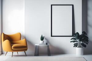 interior póster burlarse de arriba vivo habitación con Sillón en vacío blanco pared fondo, 3d representación, ai generado foto