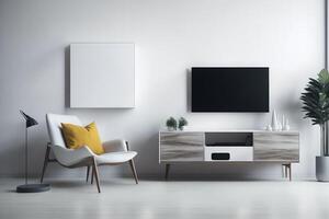 burlarse de arriba un pared montado televisión con un Sillón en un vivo habitación con un blanco pared.3d representación, ai generado foto