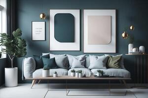 Modern interior background, living room, Scandinavian style mock up poster frame, 3D render, 3D illustration, AI Generated photo