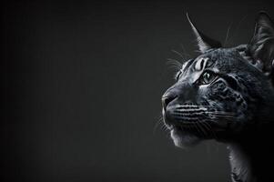 cabeza de un bebé tigre, grande gato retrato aislado de un oscuro fondo, ai generado foto