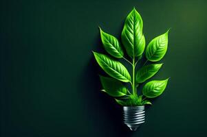 bulb with green leaves on a dark background, green energy concept, eco light bulb, creative illustration, photo