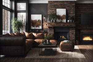 luxury living room with a brown leather sofa and armchair with a fireplace and young tree, AI Generated photo