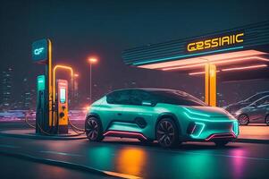 An electronic car parked at an electric station charging, neon's illustration, in a clean environment around buildings and skyscrapers, eco concept, photo