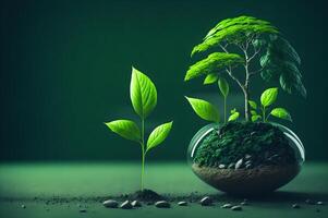 a young tree in a glass pot, plant in the ground on a green background, green energy, eco concept, photo