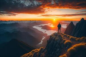 caminante en el parte superior de un montaña con un hermosa ver de el puesta de sol alrededor montañas y amanecer, nubes, y ríos, libertad concepto, ai generado foto