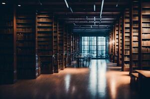 The interior space of a large library with many shelves under blue lights. business, book store, and education used, photo