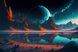 Lots of planets above the mountains in a fantasy aesthetic scene, the planets in deep space, with lots of fun colors, landscape photo