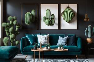 paintings of cactus and hexagons hanging over a cosy sofa with many pillows standing next to a black lamp in a living room interior photo