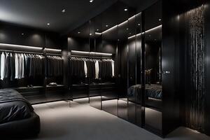Elegant bedroom with walk in wardrobe hidden behind a sleek black and mirrored wall, AI Generated photo