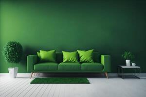 green sofa with table on green wall and wooden flooring.3d rendering, photo