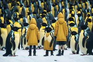 Two kids in the form of penguins are hidden among a family of penguins on the ice, family time concept, photo