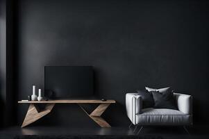 a white armchair and tv on the table on a black wall, photo