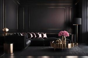 large living room in a dark style, black sofa, rose pink pillows, and gold table with rose flowers on a black wall, photo