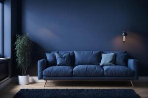 moderno vivo habitación interior con azul sofá, almohadas, y lámpara en un oscuro azul pared ai generado foto
