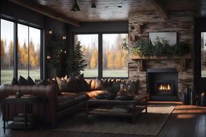 luxury living room with a brown leather sofa and armchair with a fireplace and young tree, photo