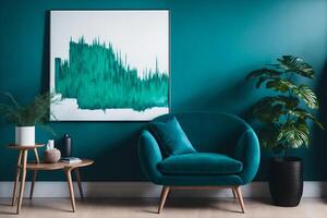 Turquoise armchair against a wall with a painting in a living room decor with plants, photo