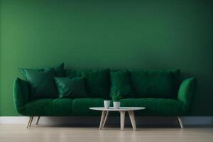 green sofa with table on green wall and wooden flooring.3d rendering, photo