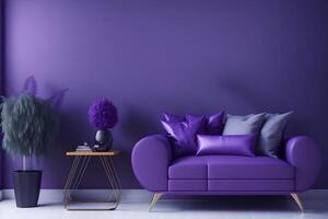 Modern living room design, Purple armchair on purple wall and white floor, 3d render, photo