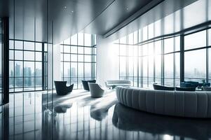 luxury white reception in a business office in a skyscraper with glass big window that shows other building, chairs and table interior design, furniture decoration, photo